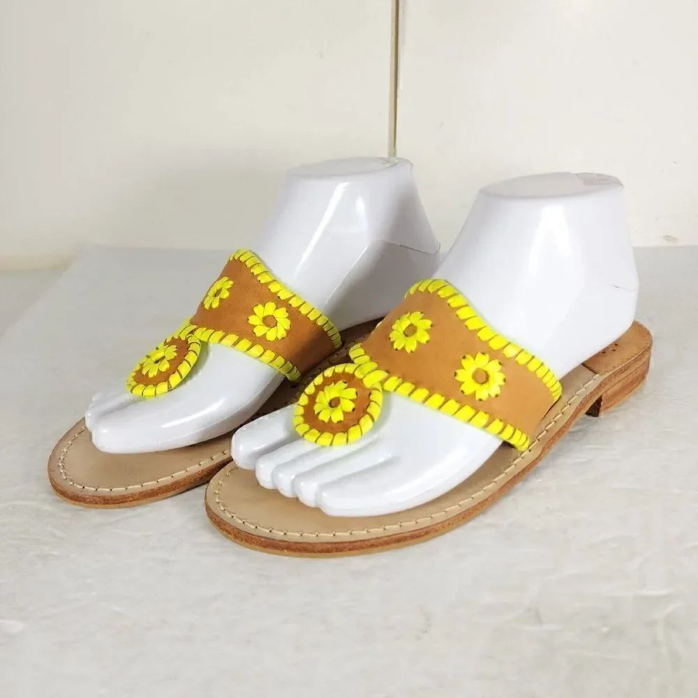 JACK ROGERS Women's US 6,5-7 Jacks Neon Yellow Brown Leather Flat Thong Sandals